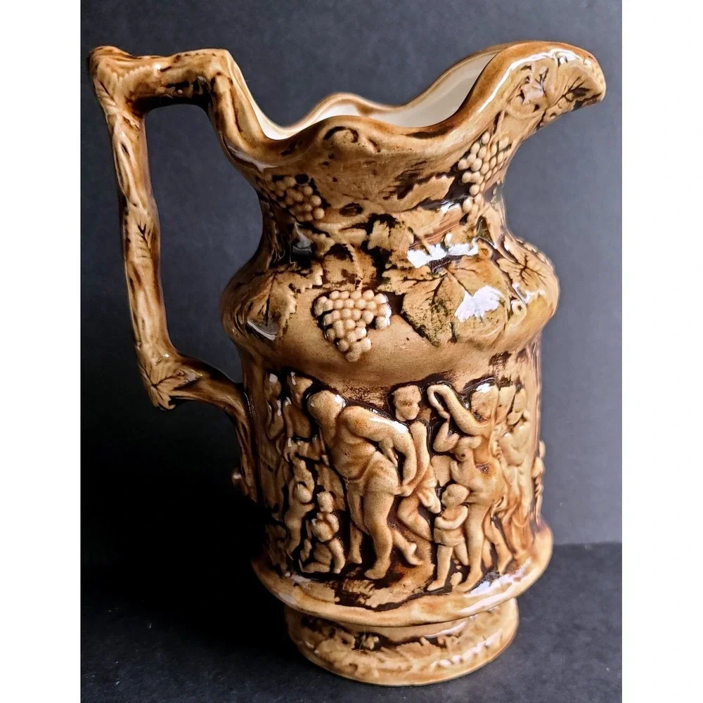 Vintage Ceramic Bacchus Relief Pitcher Figures Dancing‎ Scene Majolica Signed